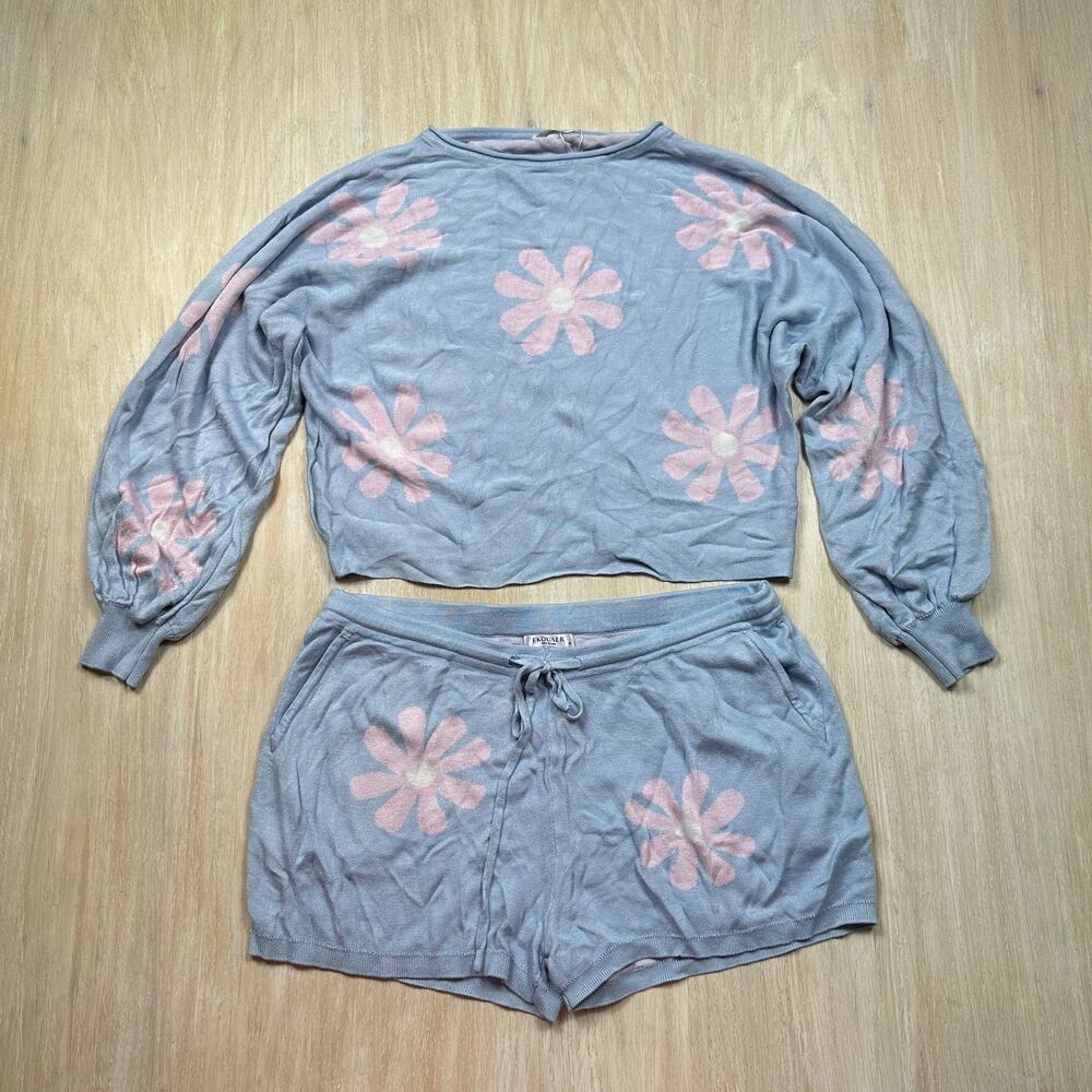 Ekouaer Y2K Blue Pink Daisy Floral Cozy Lounge Pajama Shorts Set XL